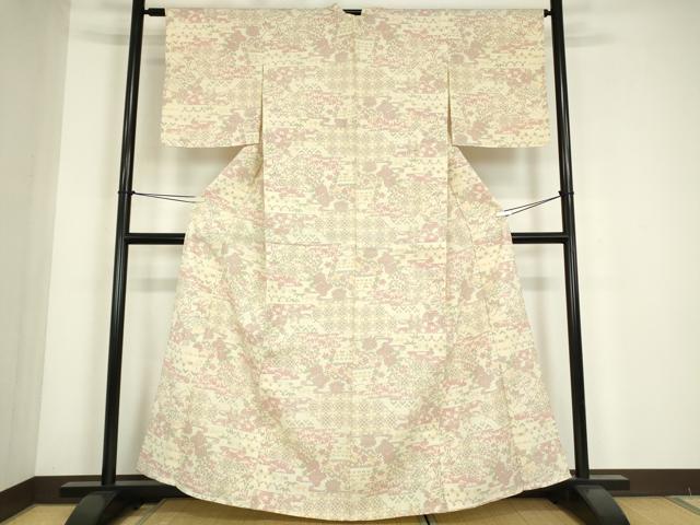平和屋着物▽本塩沢　単衣　幾何学花文　正絹　逸品　DABE4641az