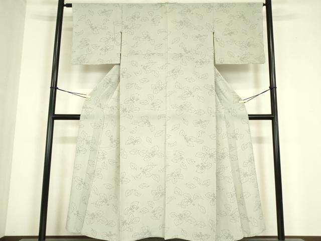 平和屋着物▽上質な小紋　単衣　草花文　鬼しぼ縮緬　正絹　逸品　DABE4647az
