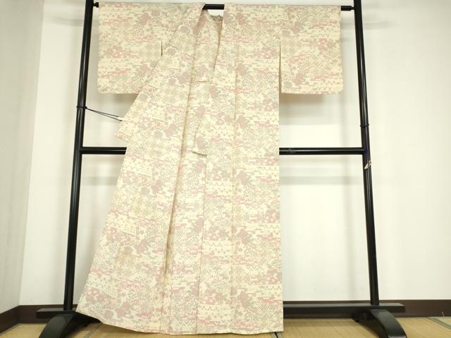 平和屋着物▽本塩沢　単衣　幾何学花文　正絹　逸品　DABE4641az