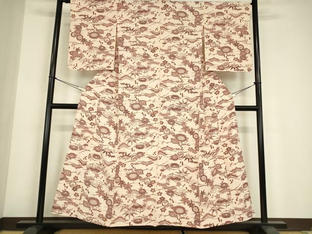 平和屋着物▽上質な小紋　単衣　型染め　松竹梅　正絹　逸品DABE4680az