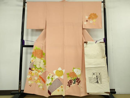 平和屋本店●極上　銀座　志ま亀　訪問着　橘　牡丹　菊　赤香色地　金彩　たとう紙付き　逸品　DZAB5858kh6