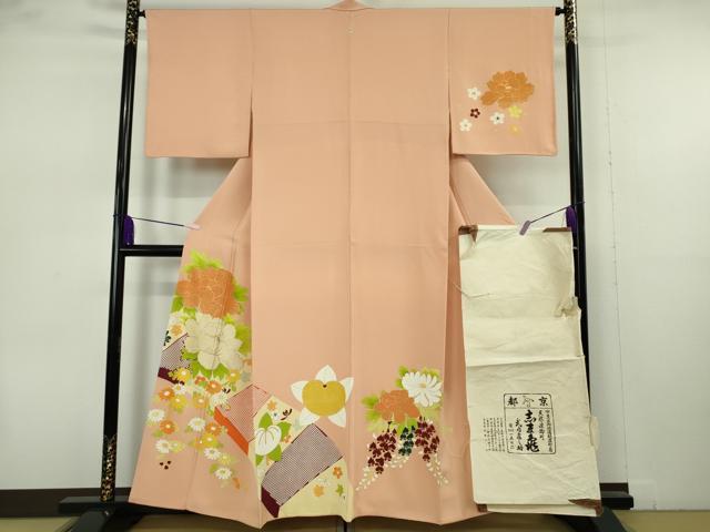 平和屋本店●極上　銀座　志ま亀　訪問着　橘　牡丹　菊　赤香色地　金彩　たとう紙付き　逸品　DZAB5858kh6