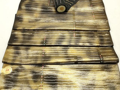 平和屋着物▼西陣　かるべ謹製　名古屋帯　帯反物　横段文　金銀糸　黒地　証紙付き　逸品　未使用　DABE6944zy