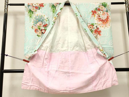 平和屋着物[]七五三　女の子　３歳　祝着　三つ身　孔雀花文　暈し染め　金彩　DABE7176ma