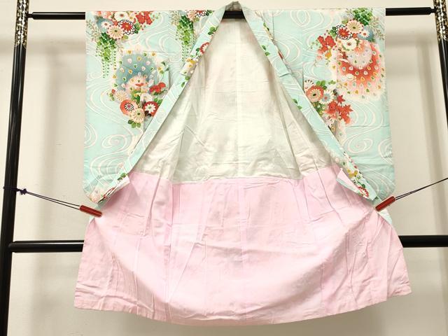 平和屋着物[]七五三　女の子　３歳　祝着　三つ身　孔雀花文　暈し染め　金彩　DABE7176ma