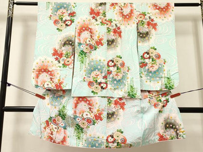 平和屋着物[]七五三　女の子　３歳　祝着　三つ身　孔雀花文　暈し染め　金彩　DABE7176ma