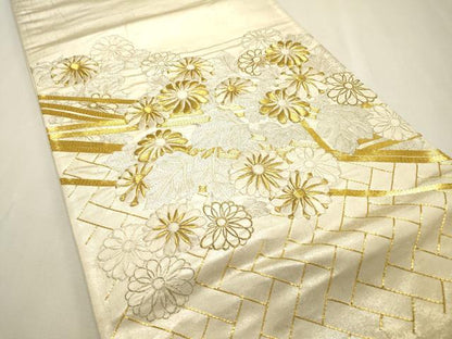 平和屋着物▼太鼓柄袋帯　駒刺繍　総刺繍　檜垣花文　金銀糸　正絹　逸品　DABF2198fe