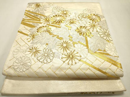 平和屋着物▼太鼓柄袋帯　駒刺繍　総刺繍　檜垣花文　金銀糸　正絹　逸品　DABF2198fe
