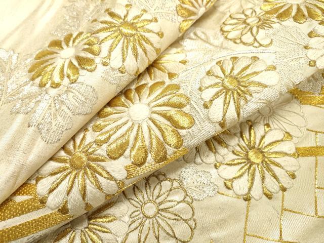 平和屋着物▼太鼓柄袋帯　駒刺繍　総刺繍　檜垣花文　金銀糸　正絹　逸品　DABF2198fe