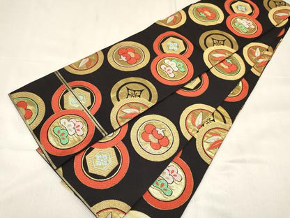 平和屋着物[]女の子　子供　丸帯　梅松丸文　黒地　金糸　逸品　DABE7204ma