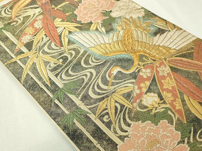 平和屋本店▼六通柄袋帯　寿鶴梅花文　本金箔　正絹　逸品　DABE9422sf