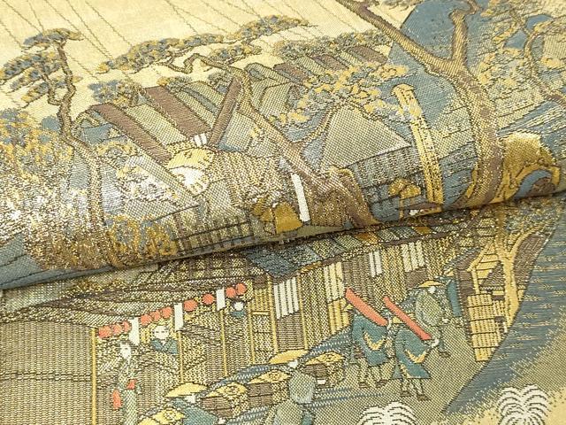 平和屋本店▼全通全景柄袋帯　東海道五捨三次　24金プラチナ二重箔　共箱付き　正絹　逸品　DABE9434sf