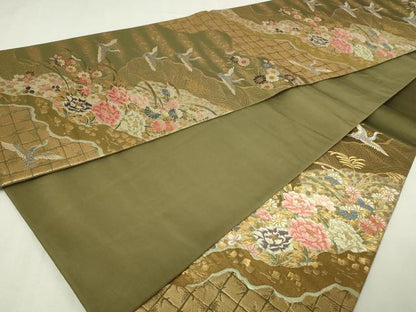 平和屋本店▼六通柄袋帯　唐織　飛鶴花文　本金箔　正絹　逸品　DABE9476sf