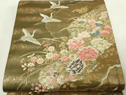 平和屋本店▼六通柄袋帯　唐織　飛鶴花文　本金箔　正絹　逸品　DABE9476sf