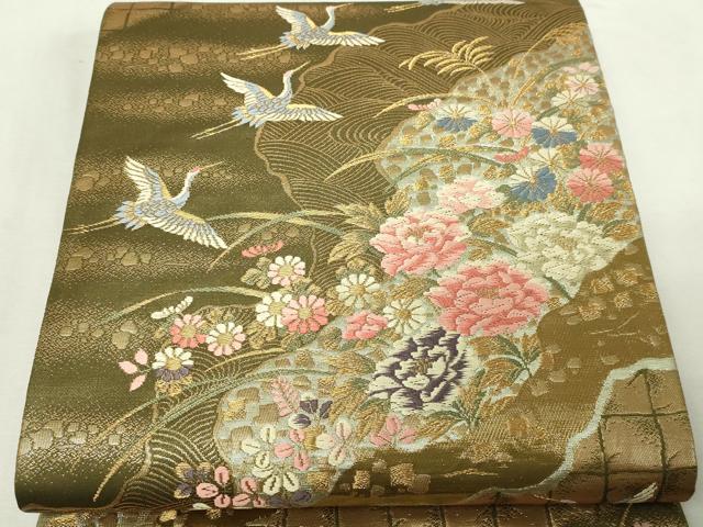 平和屋本店▼六通柄袋帯　唐織　飛鶴花文　本金箔　正絹　逸品　DABE9476sf