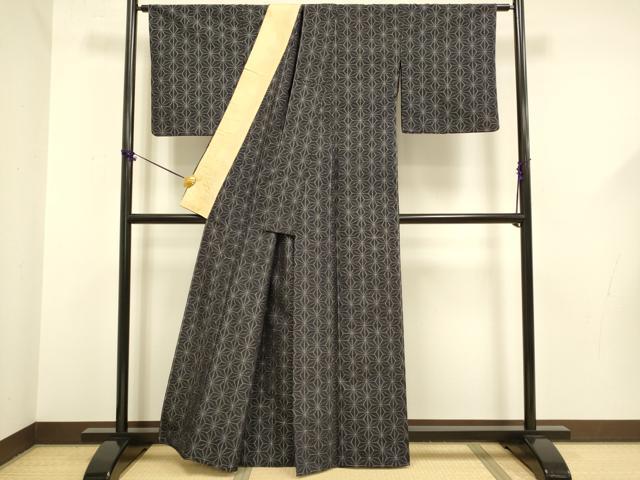 平和屋着物▽琉球紬　単衣　麻の葉文様　反端付き　正絹　逸品　DABF5583du