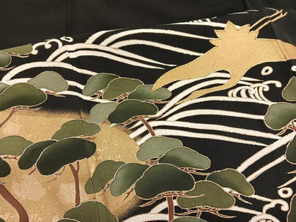 平和屋着物■豪華黒留袖 駒刺繍 飛鶴浜松文 金彩 正絹 逸品 BAAX2462hv