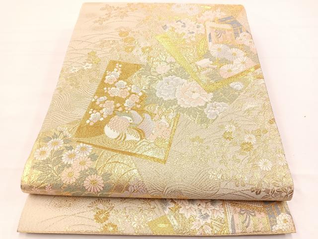 平和屋着物▼六通柄袋帯　色紙重ね鴛鴦花文　金糸　正絹　逸品　BAAX2318hv