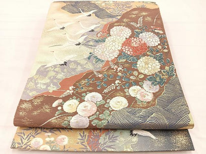 平和屋着物▼六通柄袋帯 唐織 琳派道長草花文 金糸 正絹 逸品 BAAX2316hv