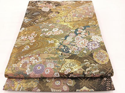 平和屋着物▼全通柄袋帯 唐織 百鐘の世界 黒地 金糸 正絹 逸品 BAAX2313hv