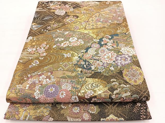 平和屋着物▼全通柄袋帯 唐織 百鐘の世界 黒地 金糸 正絹 逸品 BAAX2313hv