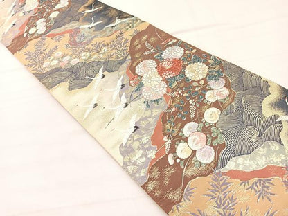 平和屋着物▼六通柄袋帯 唐織 琳派道長草花文 金糸 正絹 逸品 BAAX2316hv