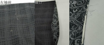 平和屋着物●男性　伝統工芸師　服部光擴　小紋　格子　黒地　裏地：東京染伝統工芸士　金田昇　キングサイズ　正絹　逸品　DABF1209ud