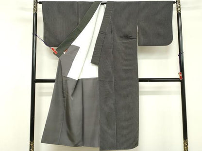 平和屋着物■上質なお召　間道　黒地　正絹　逸品　DABF4376cd