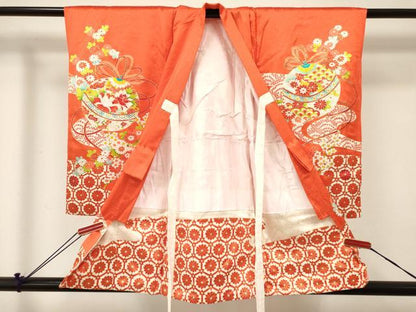 平和屋着物[]七五三　女の子　３歳　祝着　三つ身　駒刺繍　鞠花文　金彩　逸品　DABE7224ma