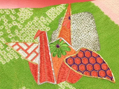 平和屋着物[]七五三　女の子　７歳　祝着　四つ身　駒刺繍　絞り　折り鶴　破れ色紙　暈し染め　金銀彩　逸品　DABE7245ma