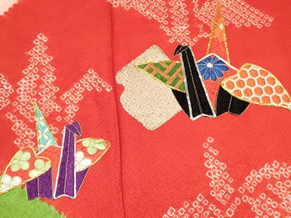 平和屋着物[]七五三　女の子　７歳　祝着　四つ身　駒刺繍　絞り　折り鶴　破れ色紙　暈し染め　金銀彩　逸品　DABE7245ma