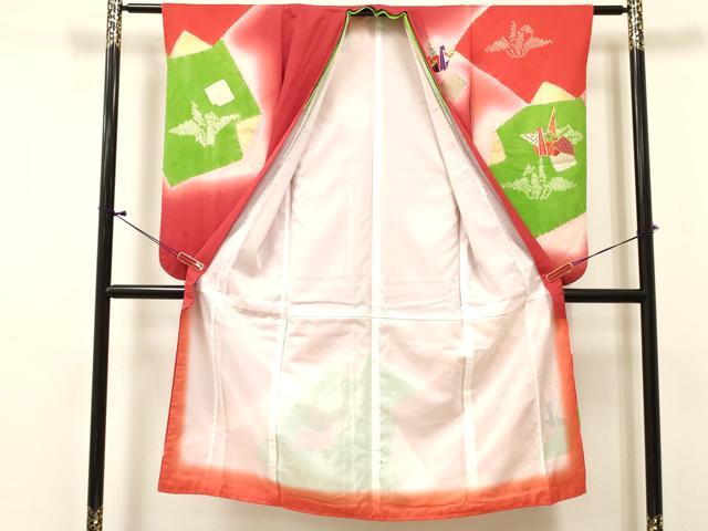 平和屋着物[]七五三　女の子　７歳　祝着　四つ身　駒刺繍　絞り　折り鶴　破れ色紙　暈し染め　金銀彩　逸品　DABE7245ma