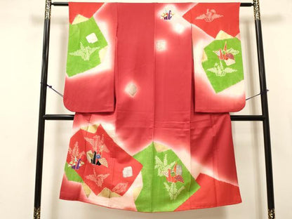 平和屋着物[]七五三　女の子　７歳　祝着　四つ身　駒刺繍　絞り　折り鶴　破れ色紙　暈し染め　金銀彩　逸品　DABE7245ma