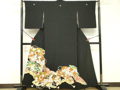 平和屋着物■豪華黒留袖　駒刺繍　地紙花鳥文　金彩　正絹　逸品　DABF4434cd