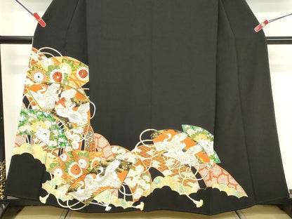 平和屋着物■豪華黒留袖　駒刺繍　地紙花鳥文　金彩　正絹　逸品　DABF4434cd