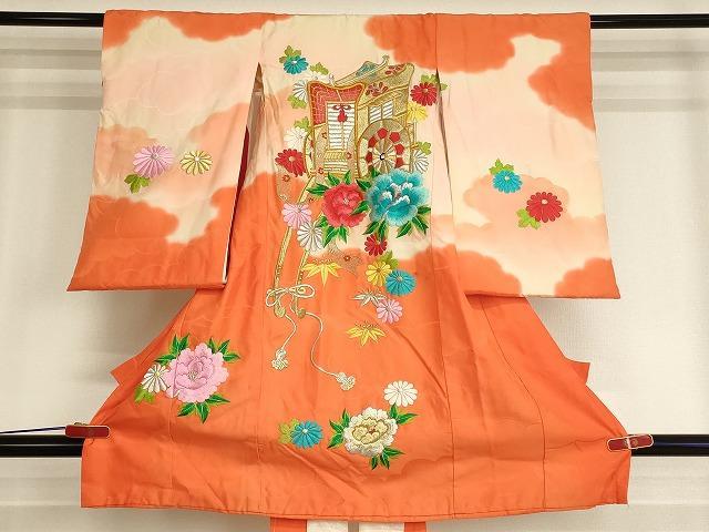 平和屋着物[]七五三　女の子　３歳　祝着　三つ身　総刺繍　御所車花文　暈し染め　金銀糸　逸品　AABI2758ja