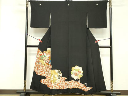 平和屋着物■豪華黒留袖 駒刺繍 扇面花文 金彩 正絹 逸品 DABF4452cd