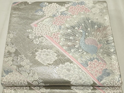 平和屋着物◎六通柄袋帯　唐織　孔雀花文　銀糸　正絹　逸品　CABF6681ou