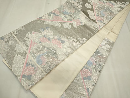 平和屋着物◎六通柄袋帯　唐織　孔雀花文　銀糸　正絹　逸品　CABF6681ou