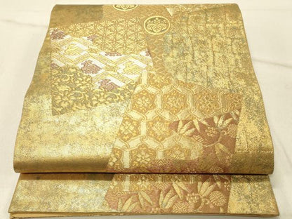 平和屋着物◎六通柄袋帯　青銅金唐織　色紙花文　引箔　三越扱い　正絹　逸品　DABF6617qp