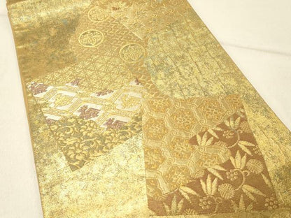 平和屋着物◎六通柄袋帯　青銅金唐織　色紙花文　引箔　三越扱い　正絹　逸品　DABF6617qp