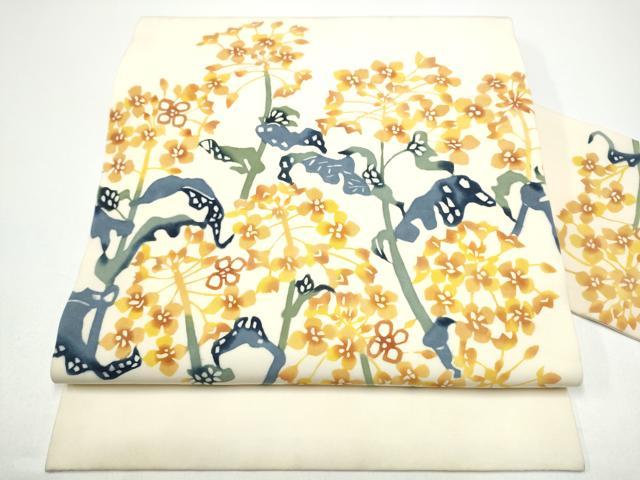 平和屋着物●塩瀬　九寸名古屋帯　型染め　枝花文　正絹　逸品　CABG6392hy