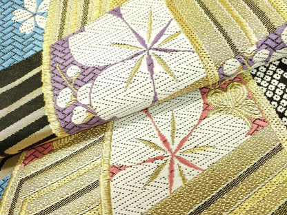 平和屋着物▼六通柄袋帯 流水桜文 黒地 金糸 さが美扱い 正絹 逸品 DABF2318fe