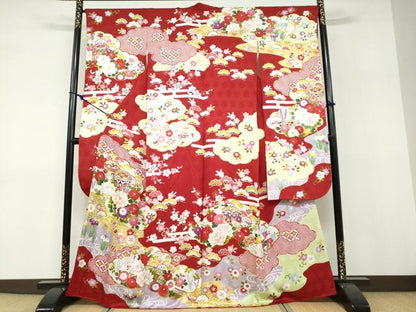 平和屋着物●豪華振袖　駒刺繍　貝桶草花文　金彩　正絹　逸品　DABF1216ud