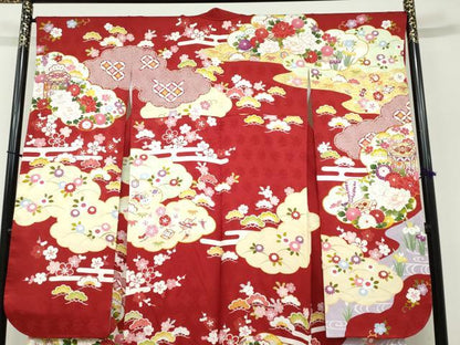 平和屋着物●豪華振袖　駒刺繍　貝桶草花文　金彩　正絹　逸品　DABF1216ud