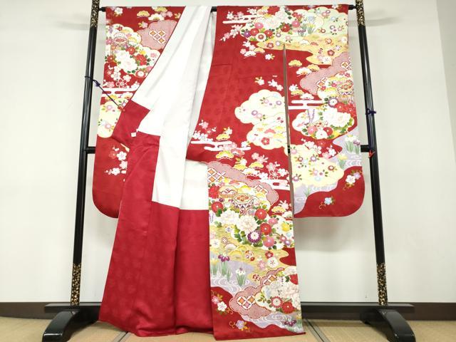 平和屋着物●豪華振袖　駒刺繍　貝桶草花文　金彩　正絹　逸品　DABF1216ud