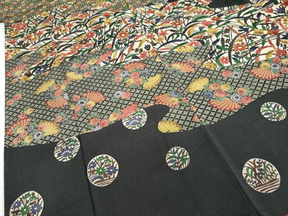 平和屋着物●江戸紅型　五味桂子　訪問着　型染め　道長扇面草花文　正絹　逸品　DABF1252ud