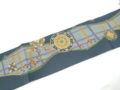 平和屋着物●九寸名古屋帯　立涌格子花文　金彩　正絹　逸品　CABG8822hy