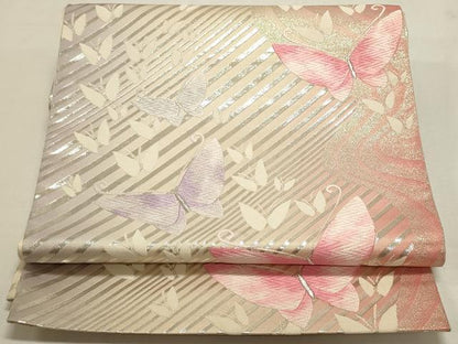 平和屋着物◎六通柄袋帯 唐織 舞蝶文 銀糸 正絹 逸品 DABF8031we