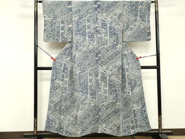 平和屋着物■上質な小紋　更紗花文　鬼しぼ縮緬　正絹　逸品　DABF9525cd